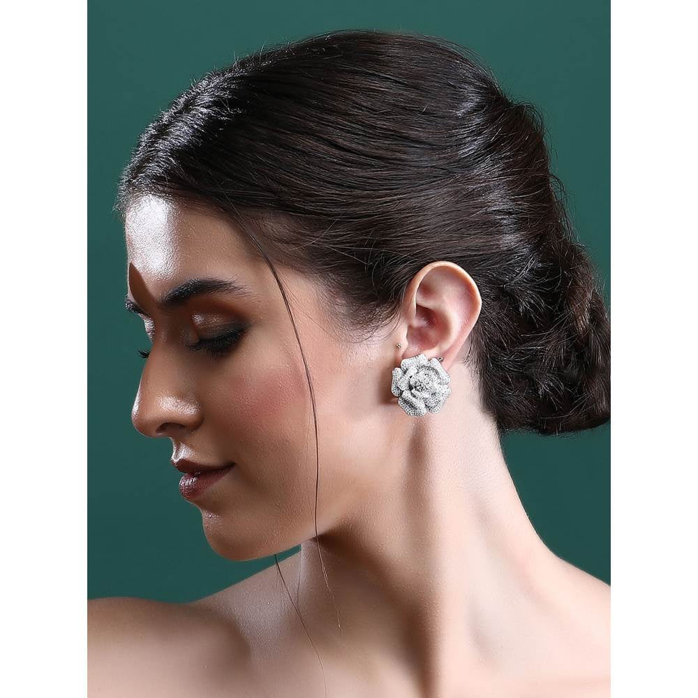 Auraa Trends Rhodium Plated American Diamond White Earring Studs for Women