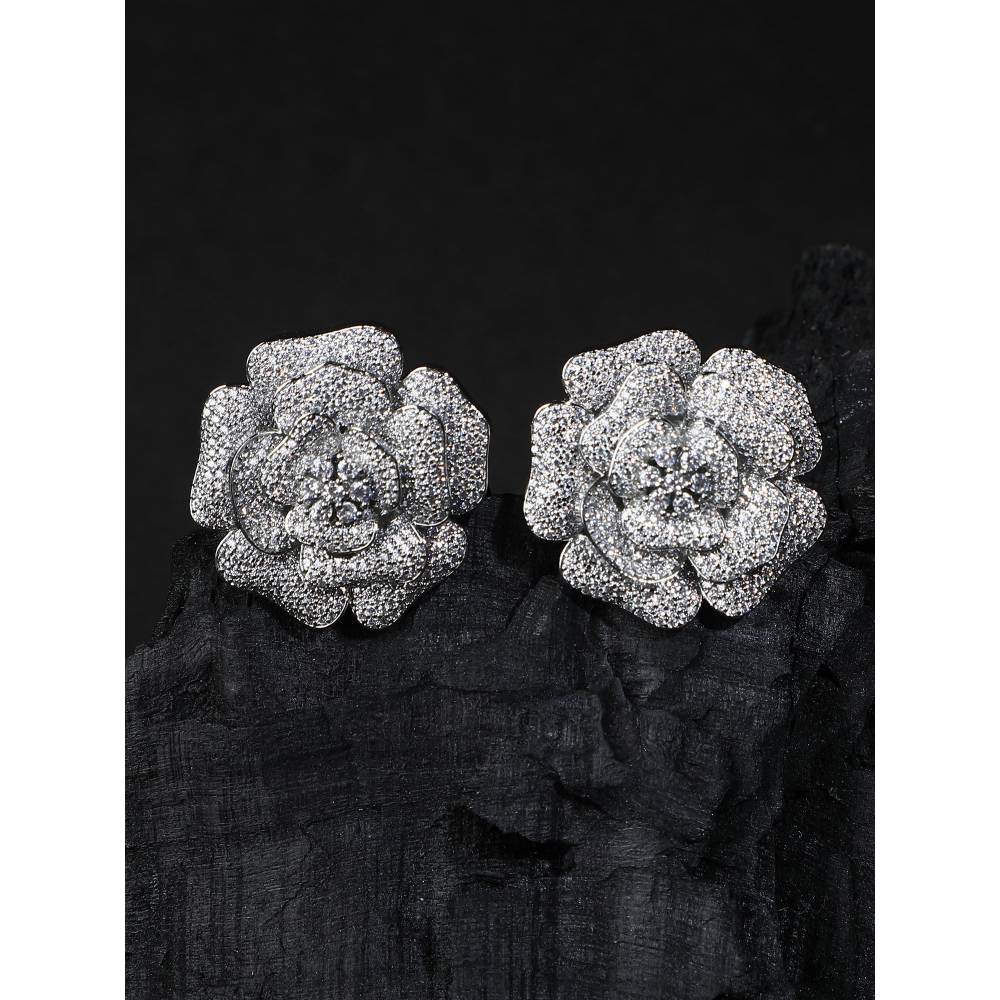Auraa Trends Rhodium Plated American Diamond White Earring Studs for Women