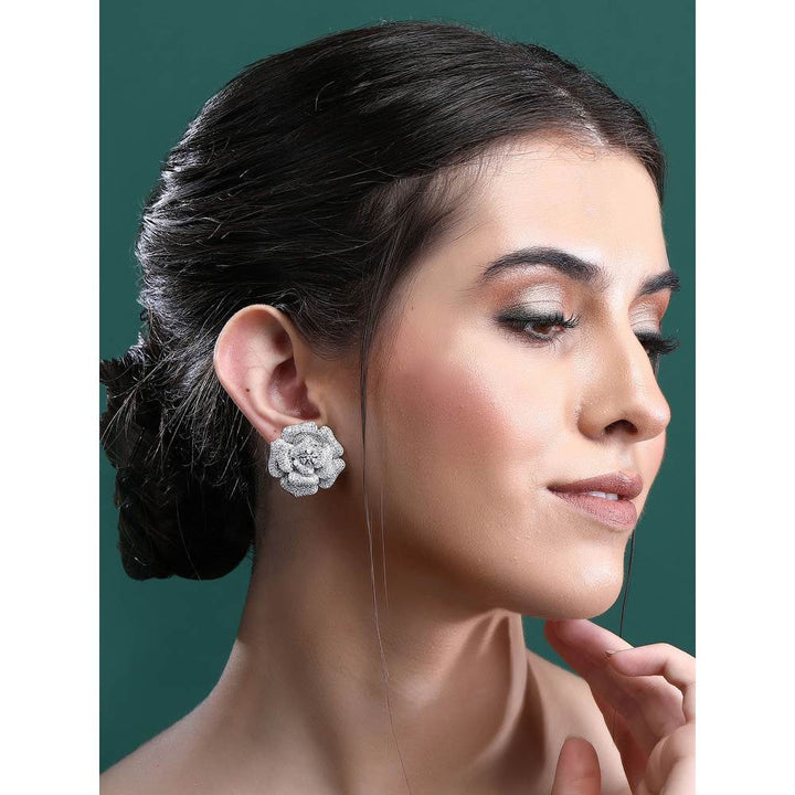 Auraa Trends Rhodium Plated American Diamond White Earring Studs for Women