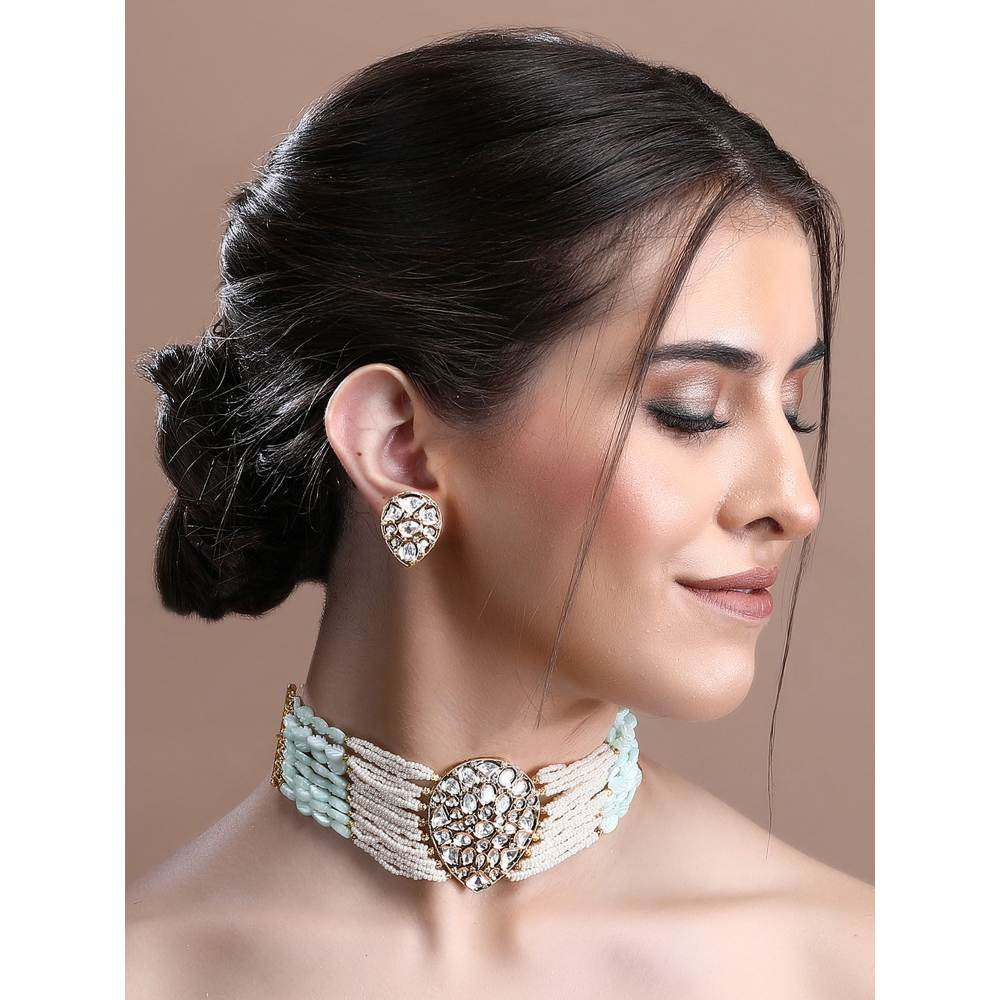 Auraa Trends 22KT Gold Plated Kundan Elegant Blue Necklace Set for Women