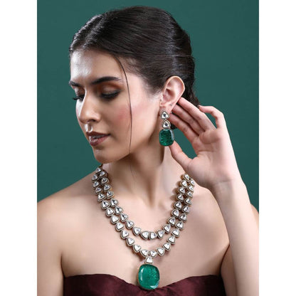Auraa Trends Rhodium Plated American Diamond Zircon Green Necklace Set for Women