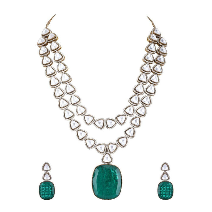 Auraa Trends Rhodium Plated American Diamond Zircon Green Necklace Set for Women