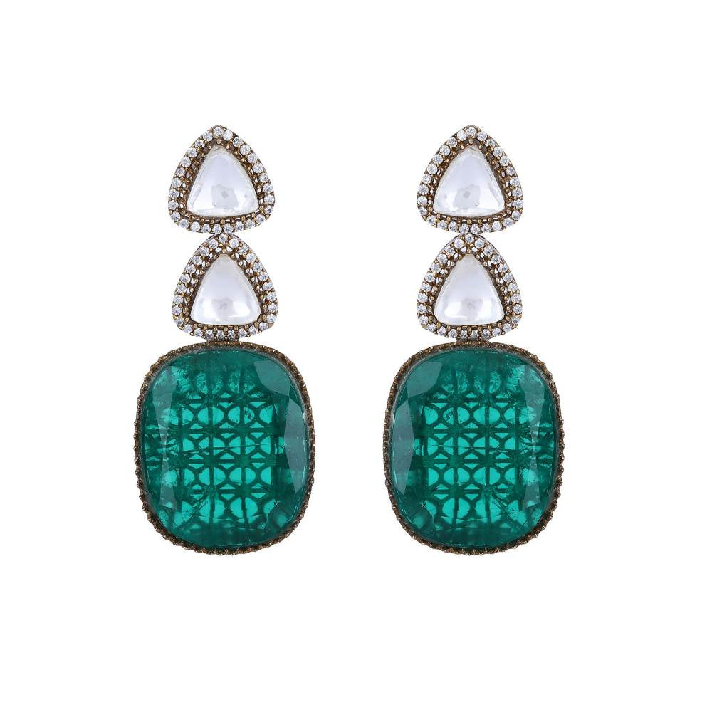 Auraa Trends Rhodium Plated American Diamond Zircon Green Necklace Set for Women