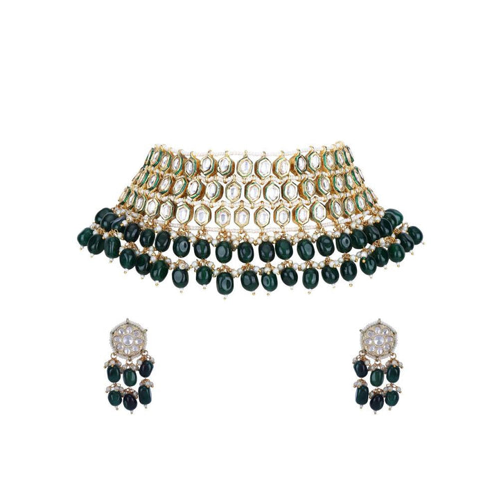 Auraa Trends 22KT Gold Plated Kundan Elegant Green Necklace Set for Women