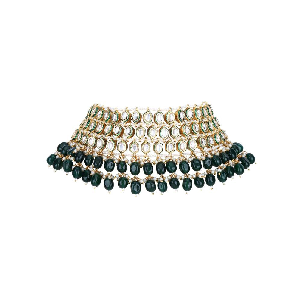 Auraa Trends 22KT Gold Plated Kundan Elegant Green Necklace Set for Women
