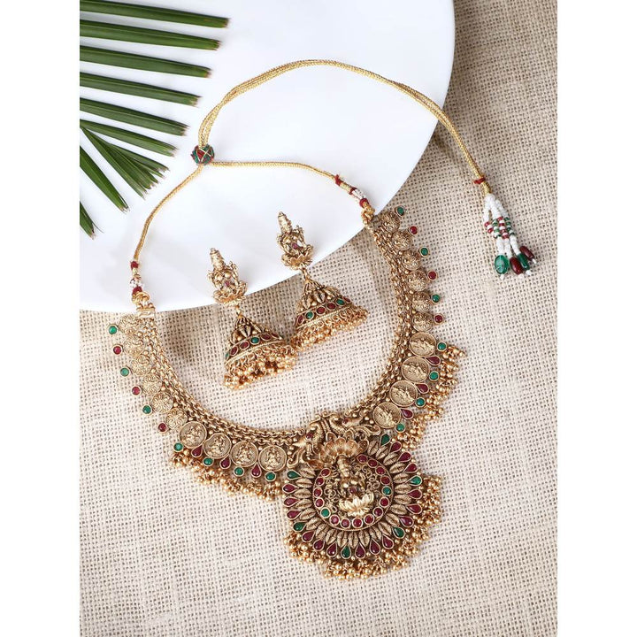 Auraa Trends 22KT Gold Plated Kundan Red and Green Necklace Set for Women