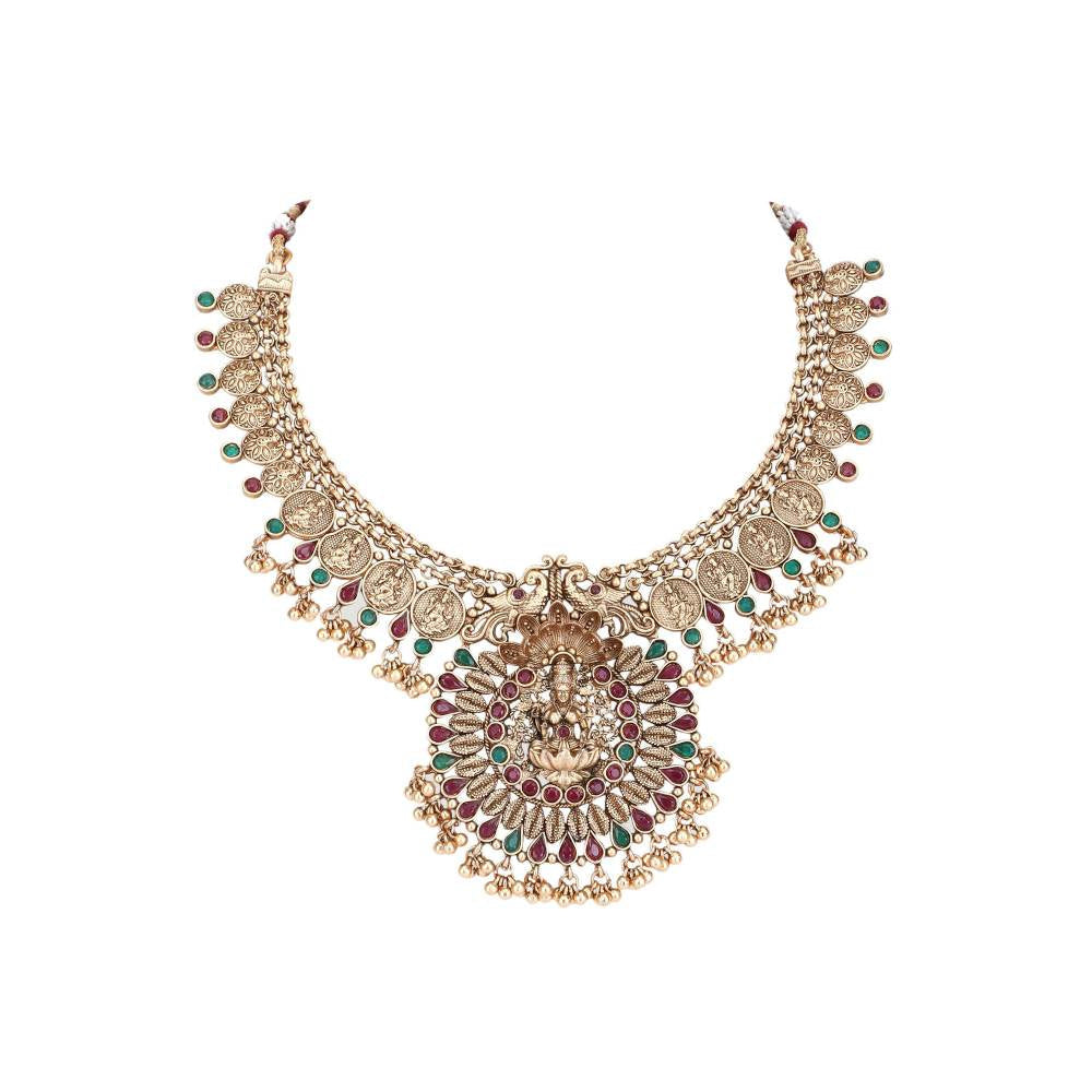 Auraa Trends 22KT Gold Plated Kundan Red and Green Necklace Set for Women