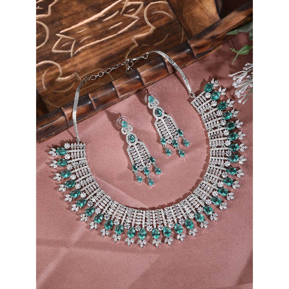 Auraa Trends Rhodium Plated American Diamond Zircon Green Necklace Set for women and Girls