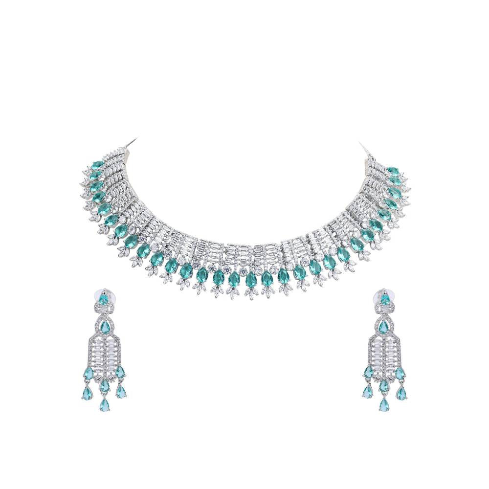 Auraa Trends Rhodium Plated American Diamond Zircon Green Necklace Set for women and Girls