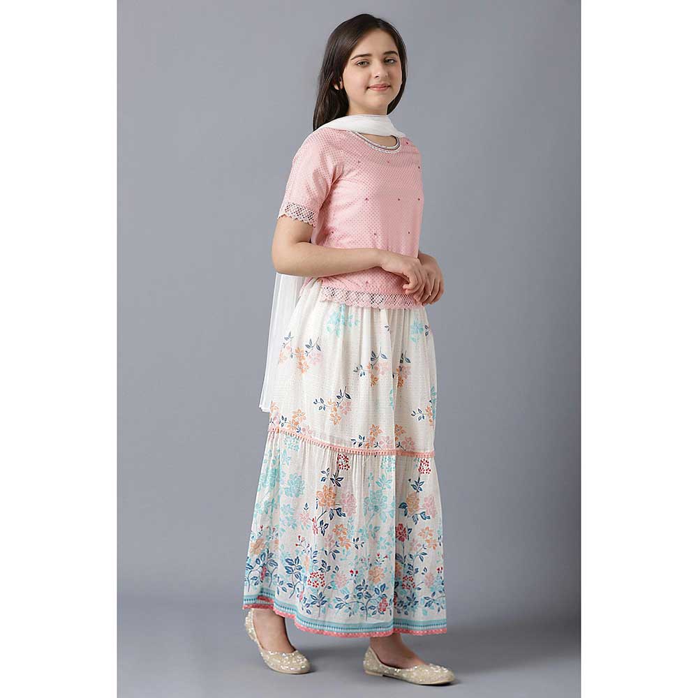 Aurelia Girls Pink Straight Top with White Flared Skirt and Dupatta (Set of 3)