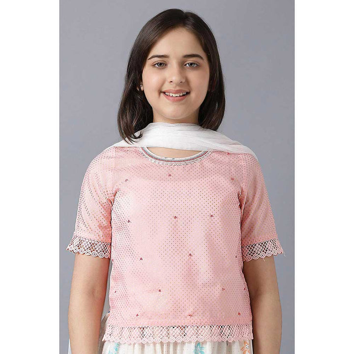 Aurelia Girls Pink Straight Top with White Flared Skirt and Dupatta (Set of 3)