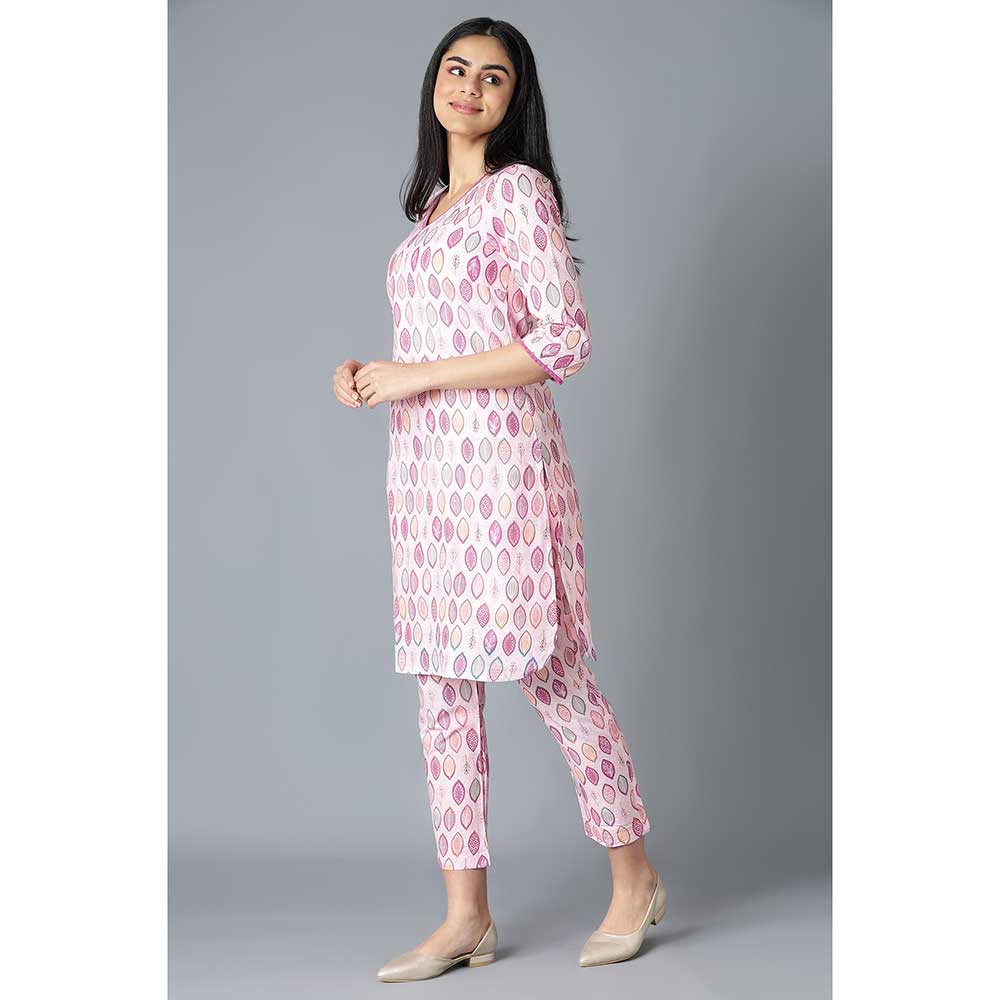 Aurelia Pink Floral Printed V-Neck Kurta with Straight Trousers (Set of 2)