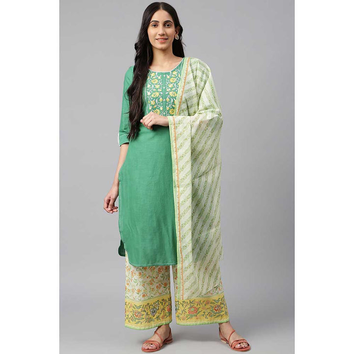 Aurelia Green Embroidered Kurta-Yellow Printed Palazzo-Dupatta (Set of 3)