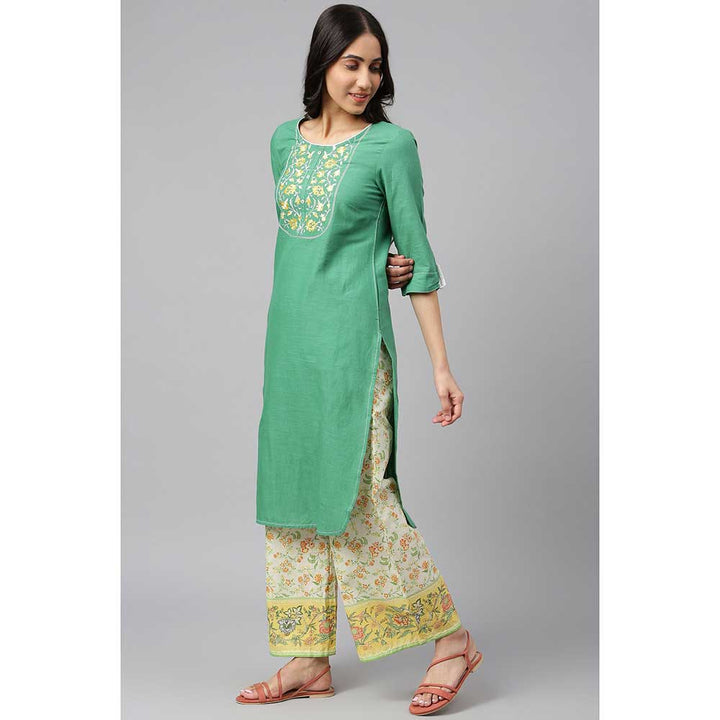 Aurelia Green Embroidered Kurta-Yellow Printed Palazzo-Dupatta (Set of 3)