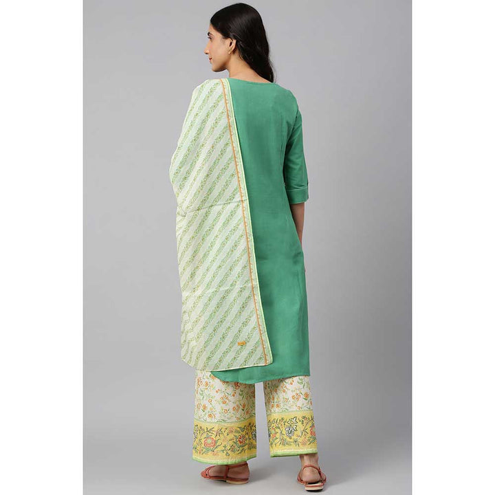 Aurelia Green Embroidered Kurta-Yellow Printed Palazzo-Dupatta (Set of 3)