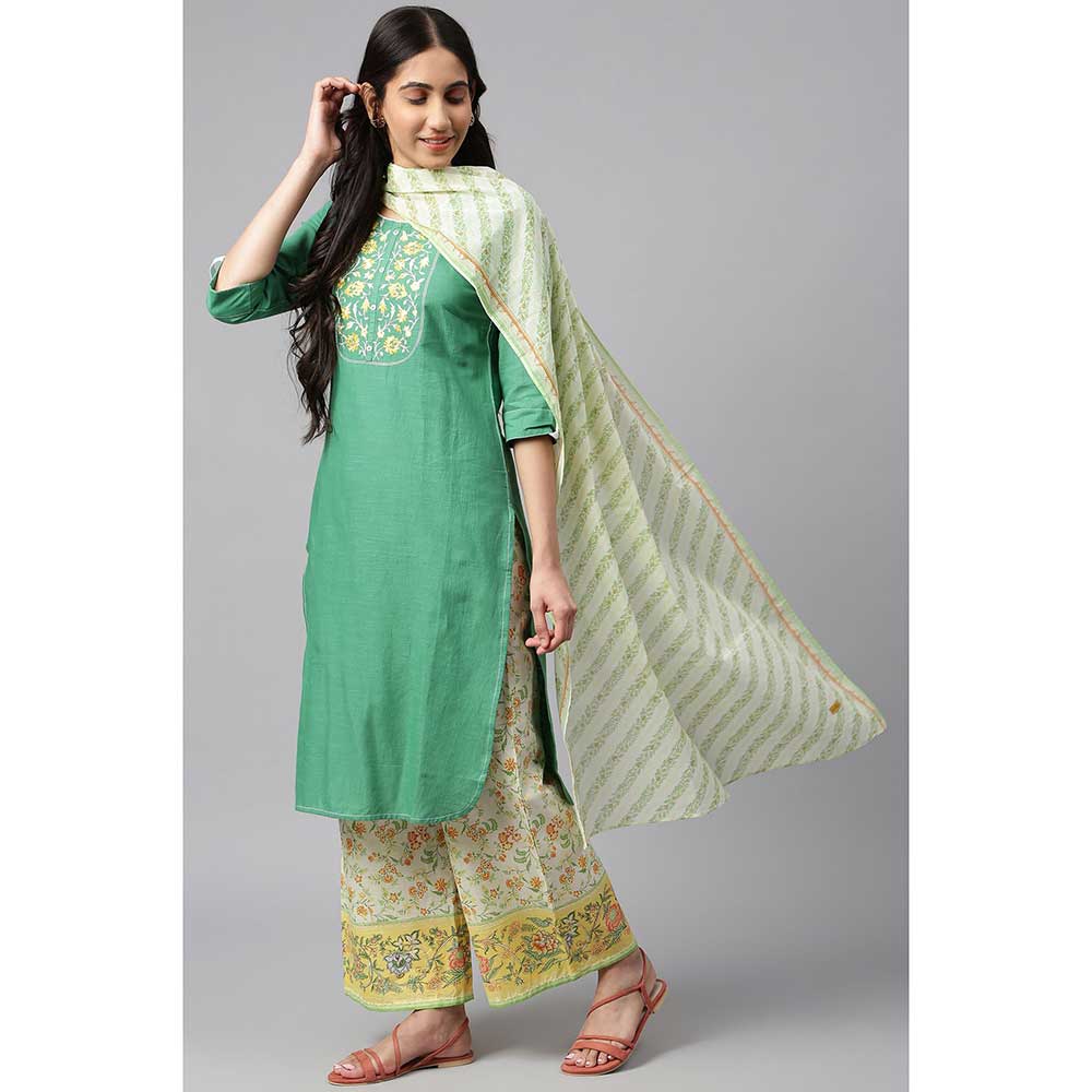 Aurelia Green Embroidered Kurta-Yellow Printed Palazzo-Dupatta (Set of 3)