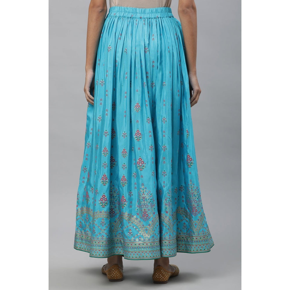 Aurelia Blue Floral Printed Gathered Festive Skirt