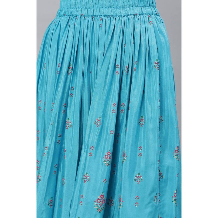 Aurelia Blue Floral Printed Gathered Festive Skirt