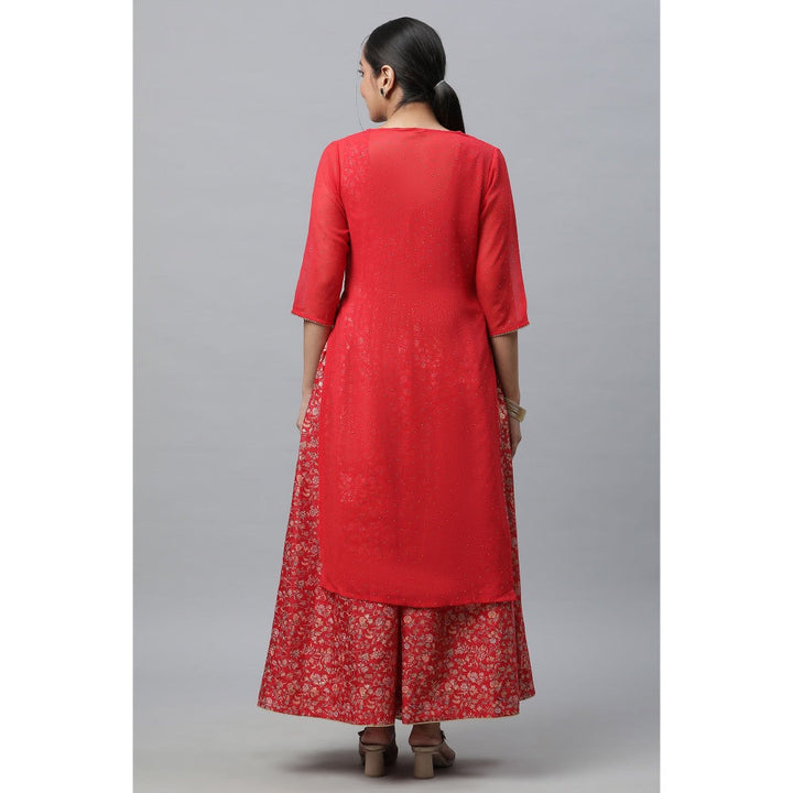 Aurelia Red Embellished Kurta, Inner Crop Top And Flared Skirt (Set of 3)
