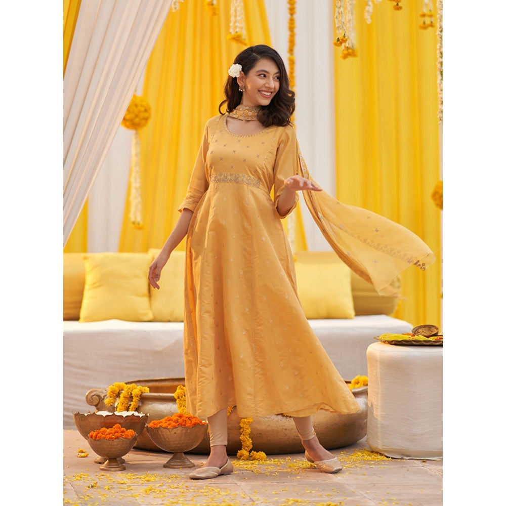 Aurelia Yellow Chanderi Festive Dress and Dupatta (Set of 2)