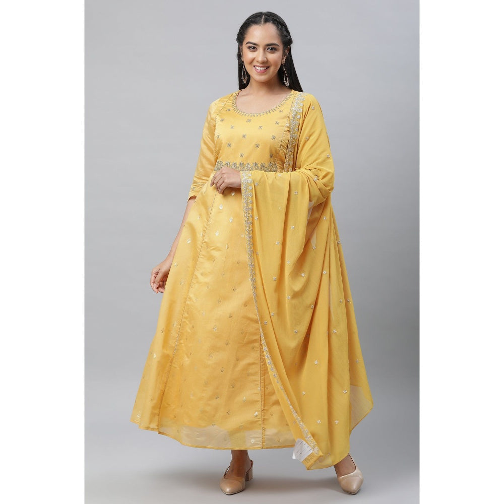 Aurelia Yellow Chanderi Festive Dress and Dupatta (Set of 2)