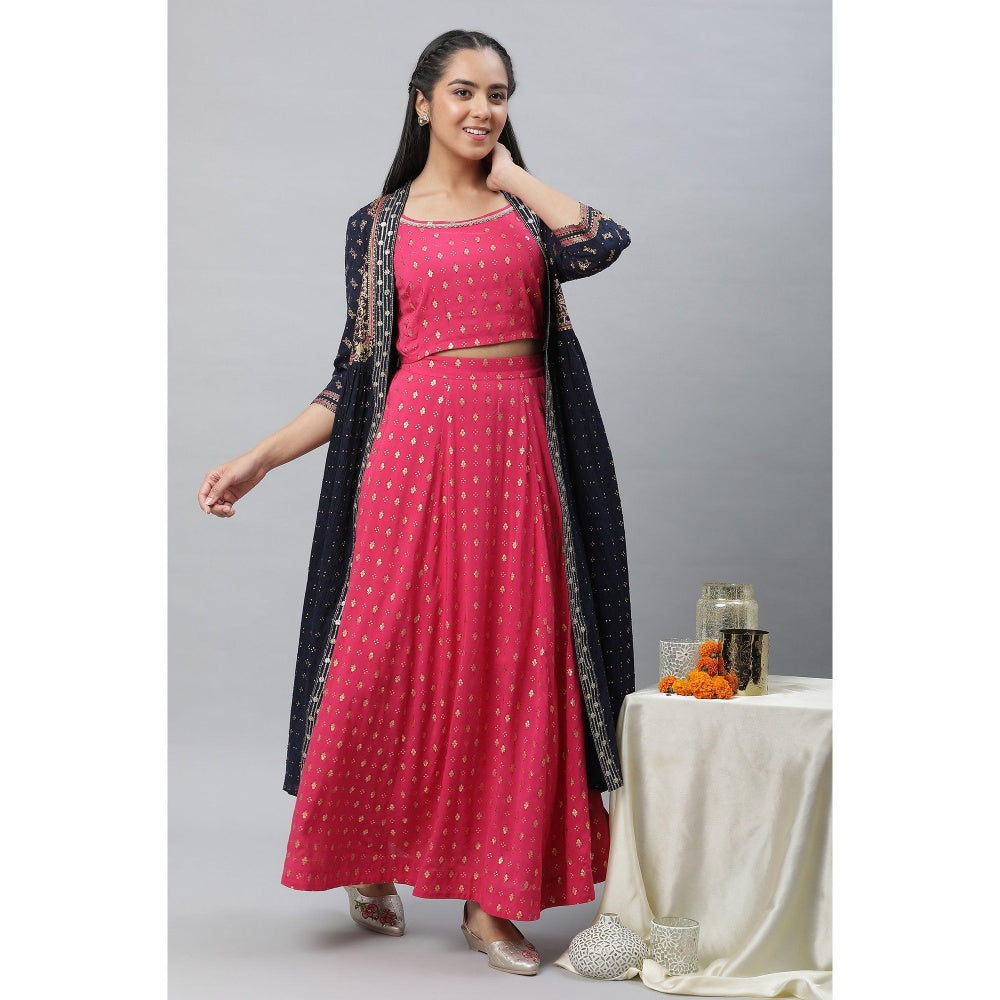 Aurelia Pink Embellished Crop Top, Blue Gilet and Kalidar Skirt (Set of 3)
