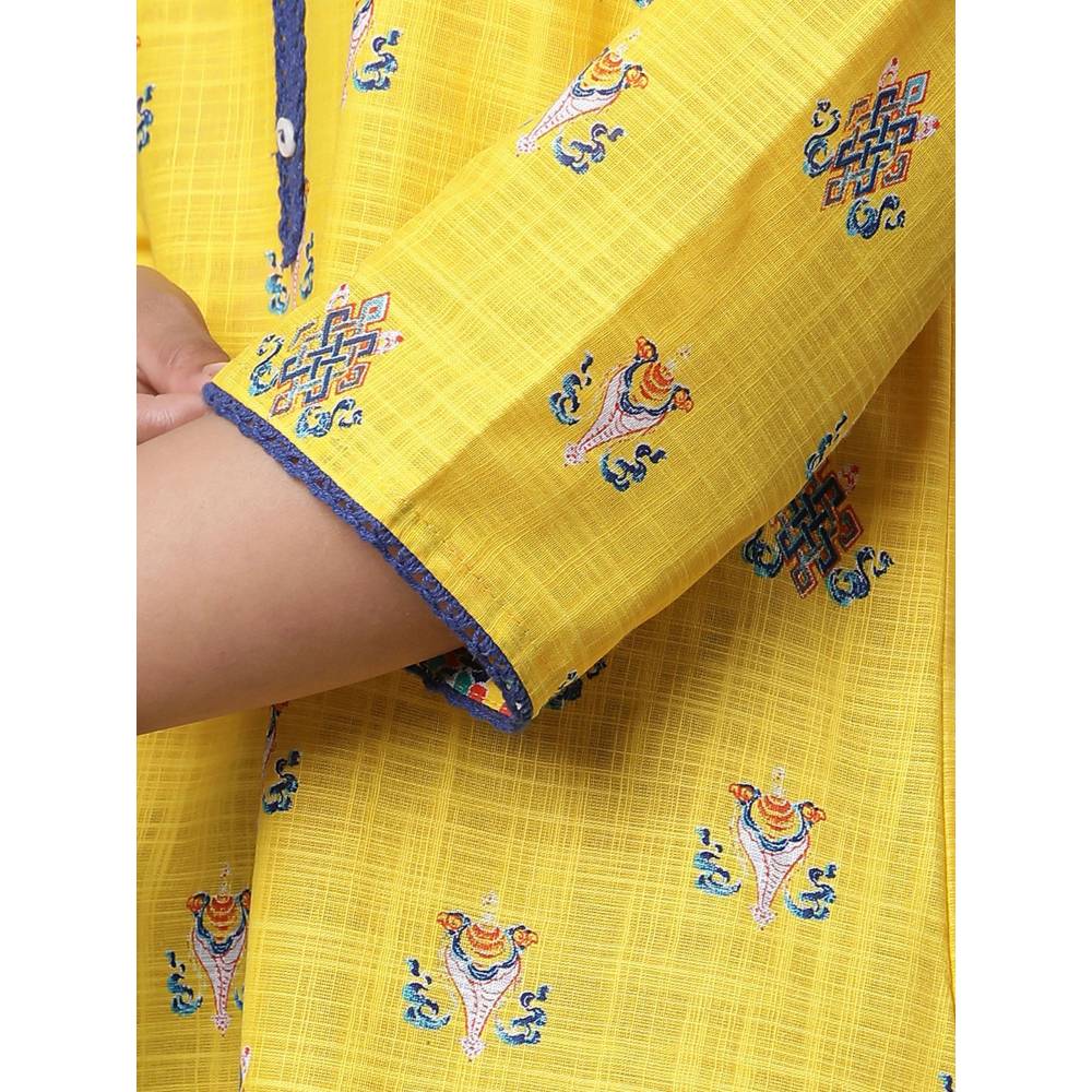Aurelia Women Yellow Printed Three Fourth Sleeves Mandarin Neck Kurta