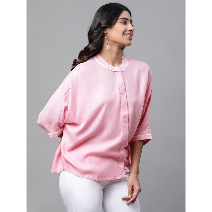 Aurelia Women Pink Printed Three Fourth Sleeves Mandarin Neck Top