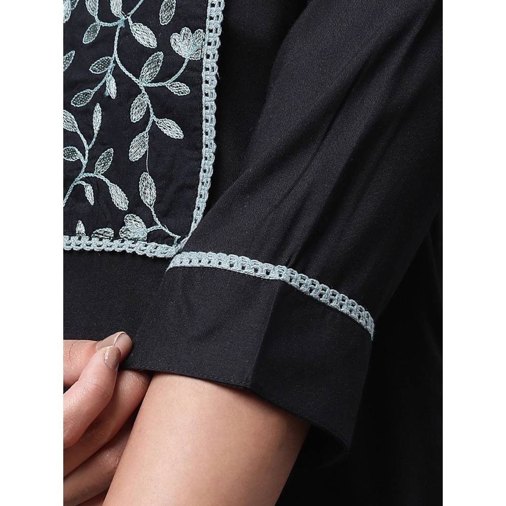 Aurelia Women Black Embroidered Three Fourth Sleeves Mandarin Neck Kurti