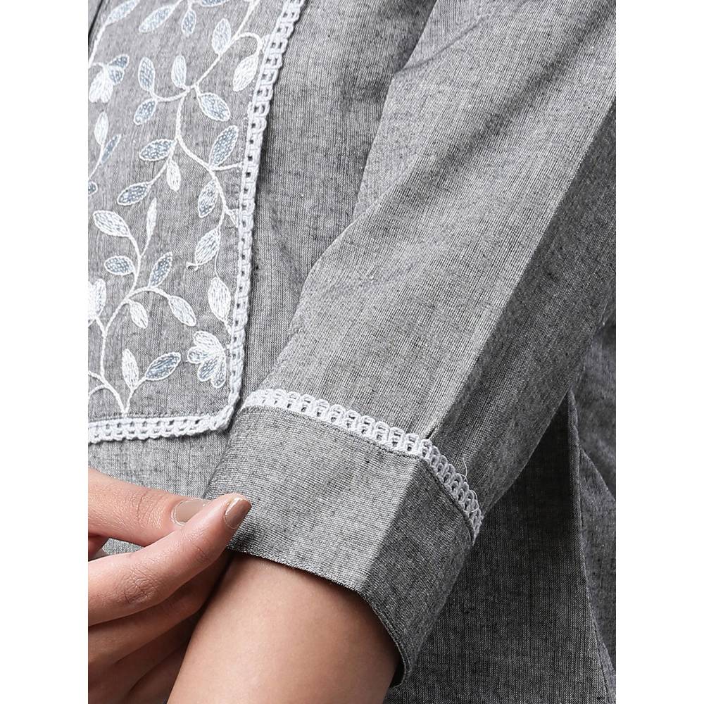 Aurelia Women Grey Embroidered Three Fourth Sleeves Mandarin Neck Kurti