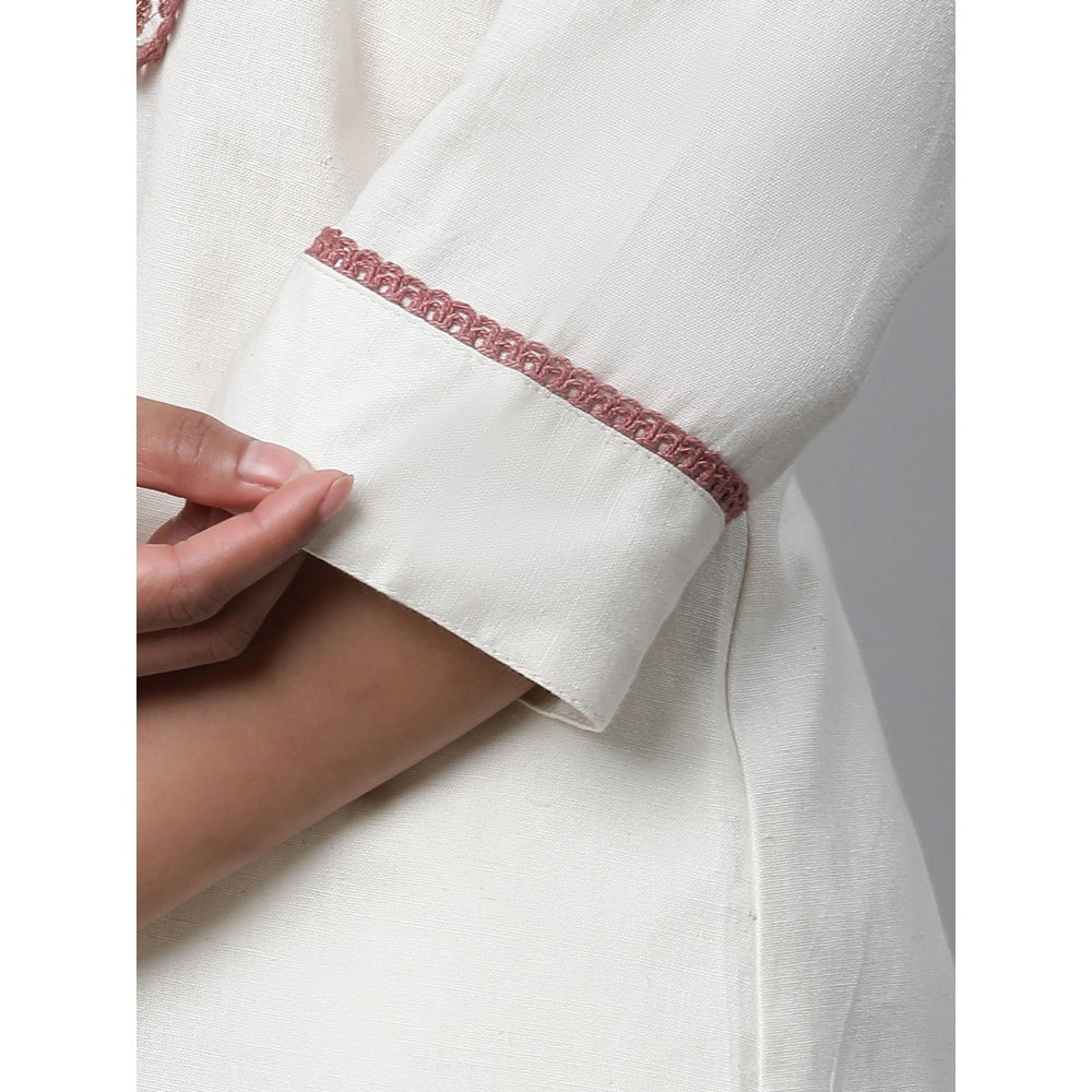 Aurelia Women White Embroidered Three Fourth Sleeves Mandarin Neck Kurti