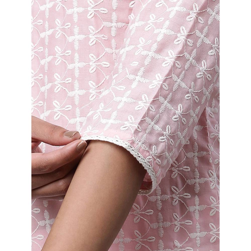 Aurelia Women Pink Embroidered Three Fourth Sleeves Round Neck Kurti