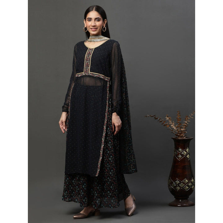 Aurelia Black Sheer Embroidered High-Slit Kurta With Skirt And Choker Dupatta (Set of 3)