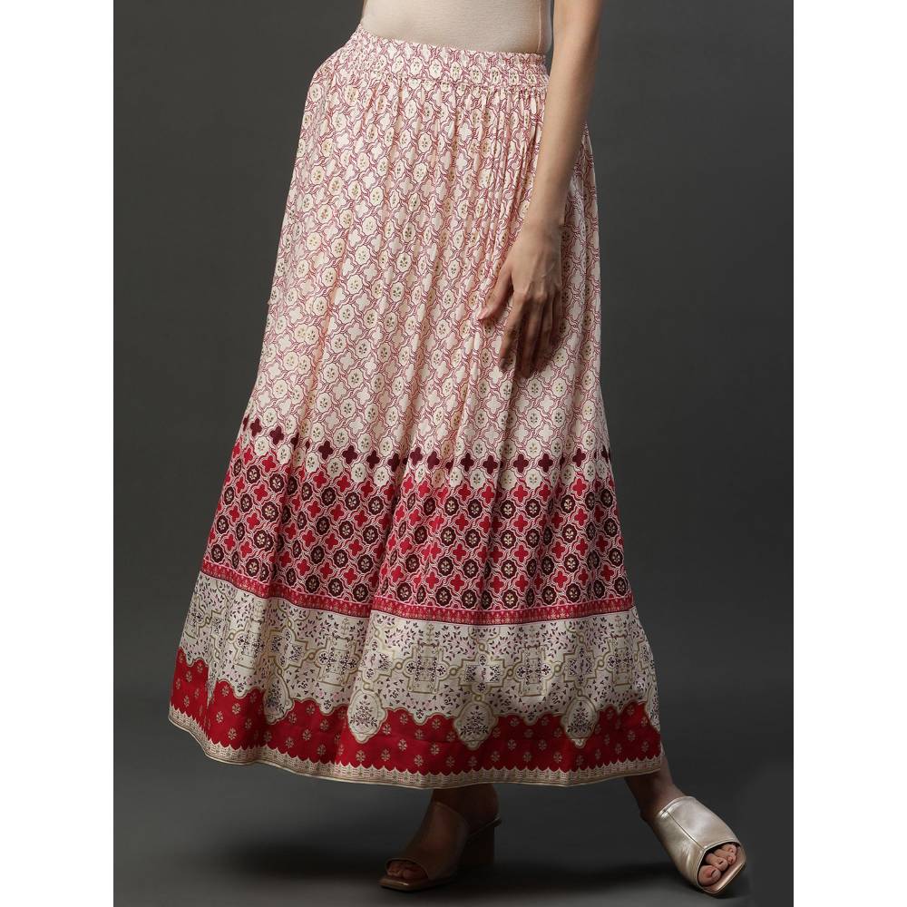 Aurelia Off White Flared and Red Print All Over Skirt