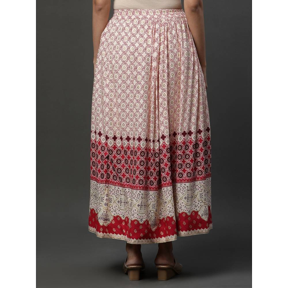 Aurelia Off White Flared and Red Print All Over Skirt