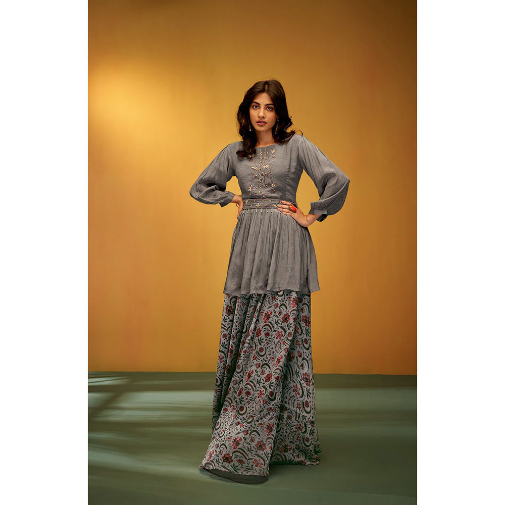 Autumnlane Alaya Grey Full Work Top & Floral Skirt (Set of 2)
