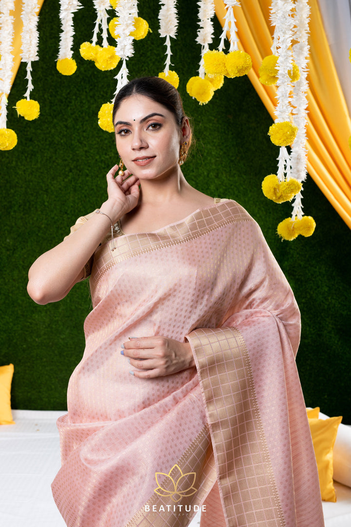 Beatitude Pink Soft Tissue Linen Saree with Unstitched Blouse