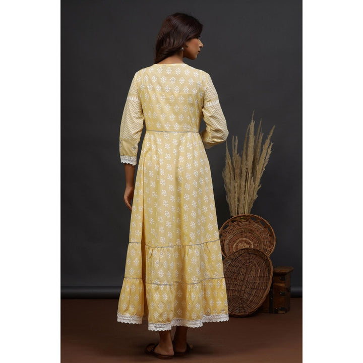 BAIRAAS Yellow Anarkali Cotton Lace Gown