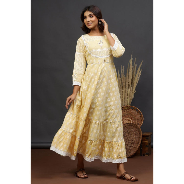 BAIRAAS Yellow Anarkali Cotton Lace Gown