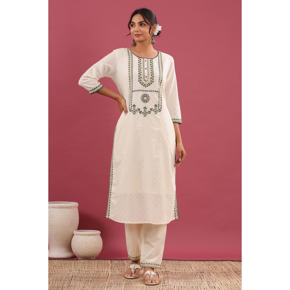 BAIRAAS Ivory Cotton Embroidered Kurta with Pants (Set of 2)