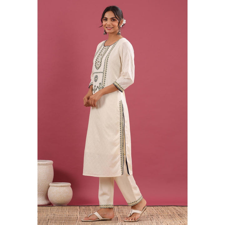 BAIRAAS Ivory Cotton Embroidered Kurta with Pants (Set of 2)