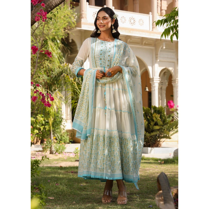 BAIRAAS Turquoise Cotton Embroidered Flared Dress with Floral and Block Dupatta (Set of 2)