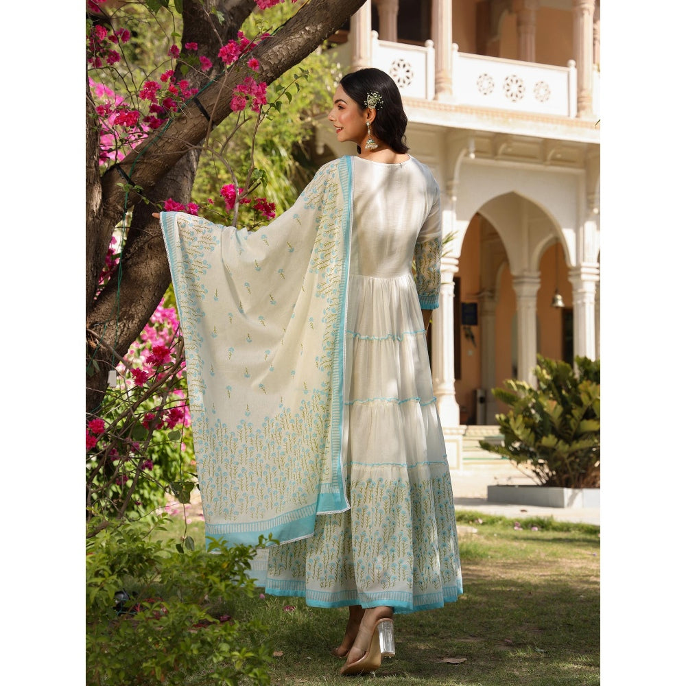 BAIRAAS Turquoise Cotton Embroidered Flared Dress with Floral and Block Dupatta (Set of 2)