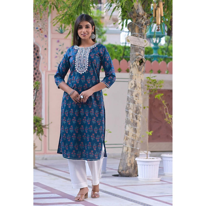 BAIRAAS Navy Blue Embroidered Cotton Floral Printed Kurta