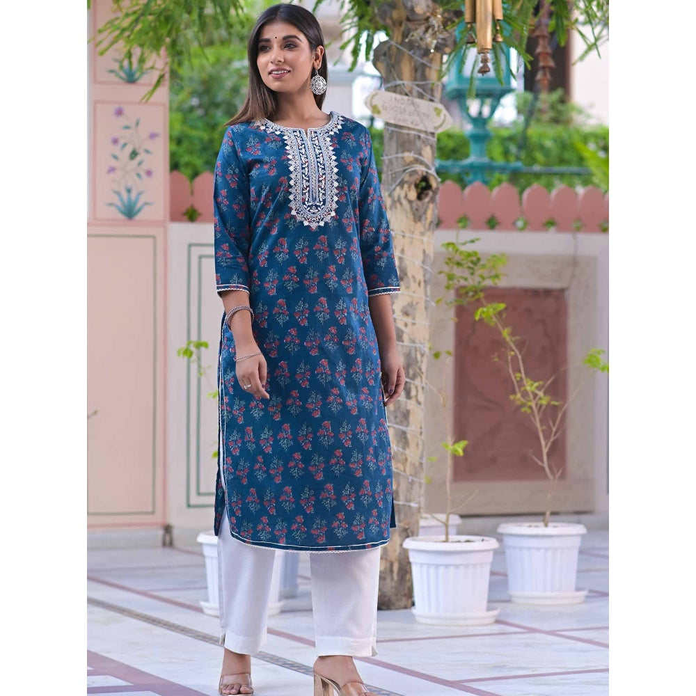 BAIRAAS Navy Blue Embroidered Cotton Floral Printed Kurta
