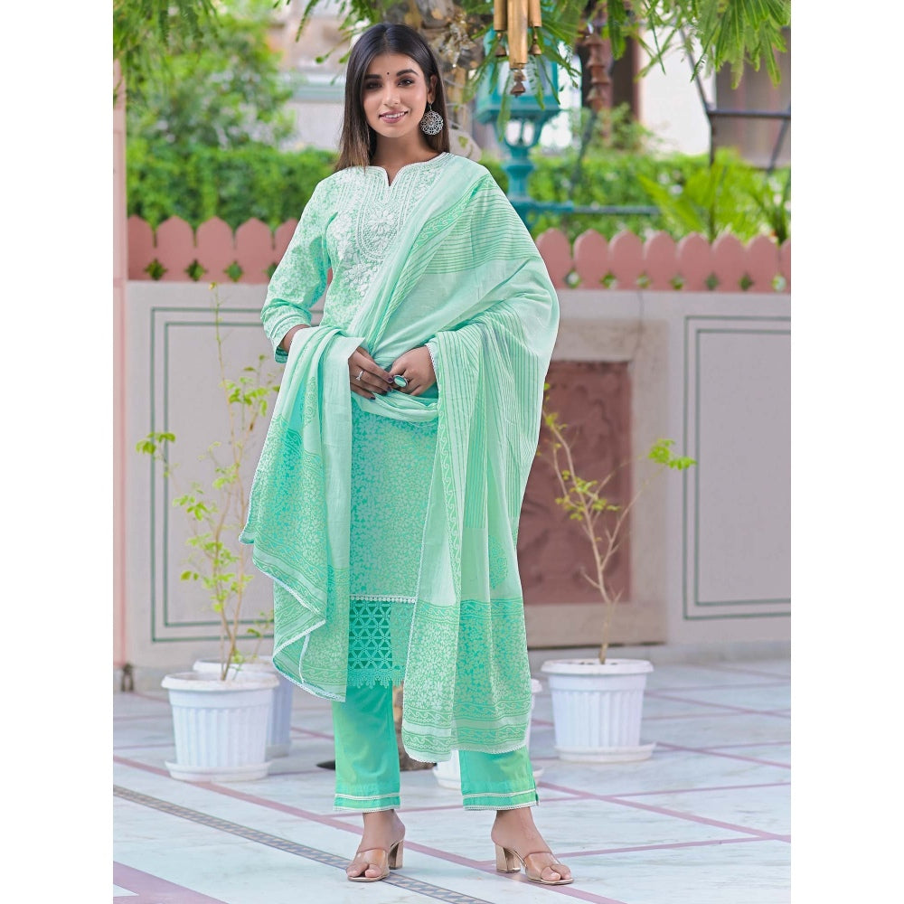 BAIRAAS Mint Green Embroidered Cotton Suit (Set of 3)