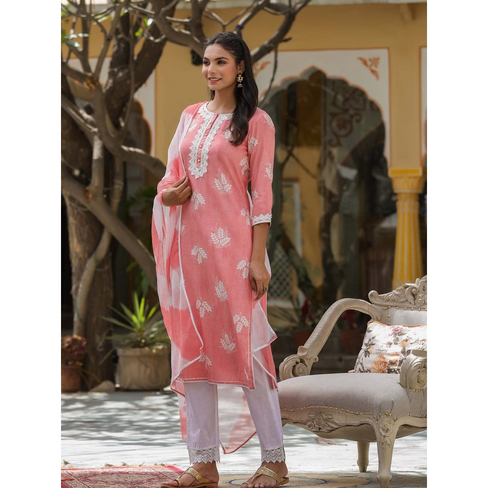 BAIRAAS Pink Rayon Leaf Printed Suit (Set of 3)