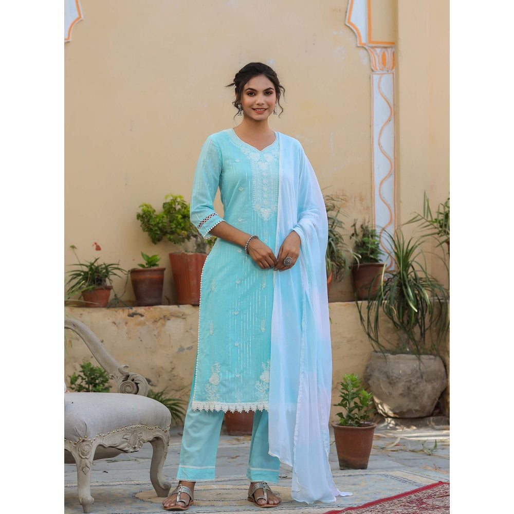 BAIRAAS Turquoise Cotton Embroidered Straight Suit (Set of 3)
