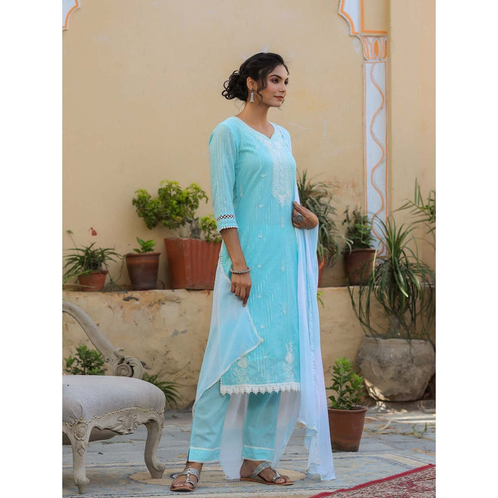 BAIRAAS Turquoise Cotton Embroidered Straight Suit (Set of 3)