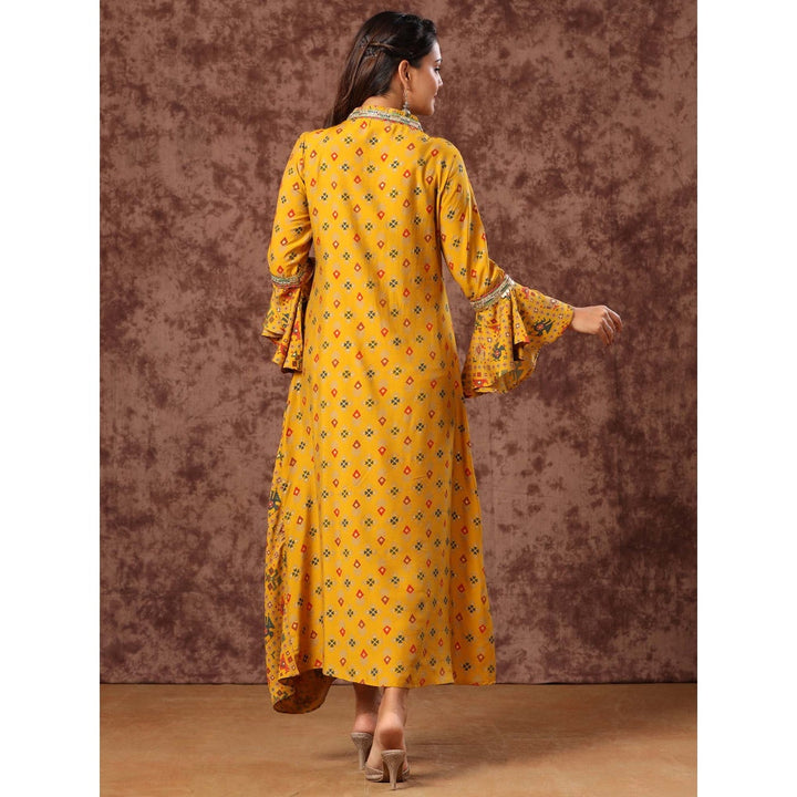 BAIRAAS Mustard Drape Muslin Handwork Printed Gown